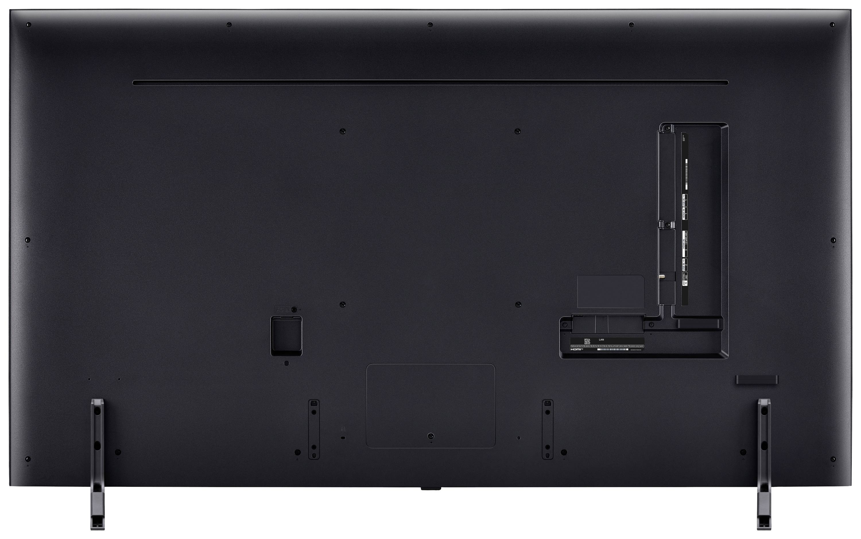 Rear view of a large black television with visible connections and stand feet.