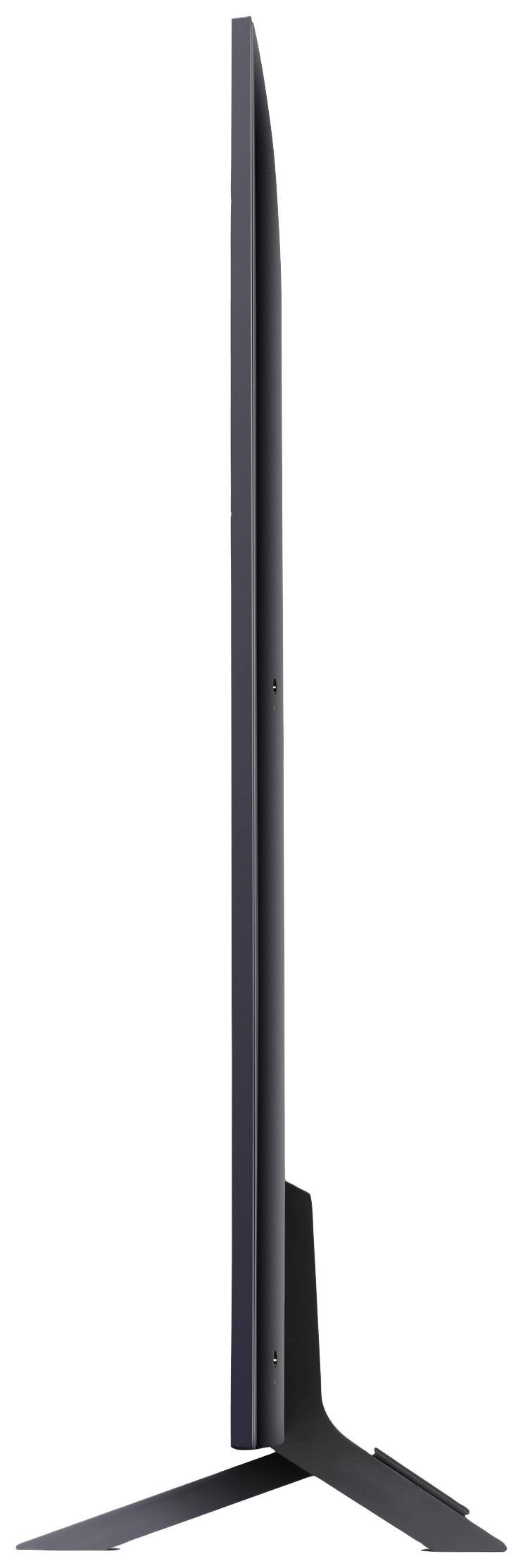 Side view of a modern television with a sleek design on a stand.