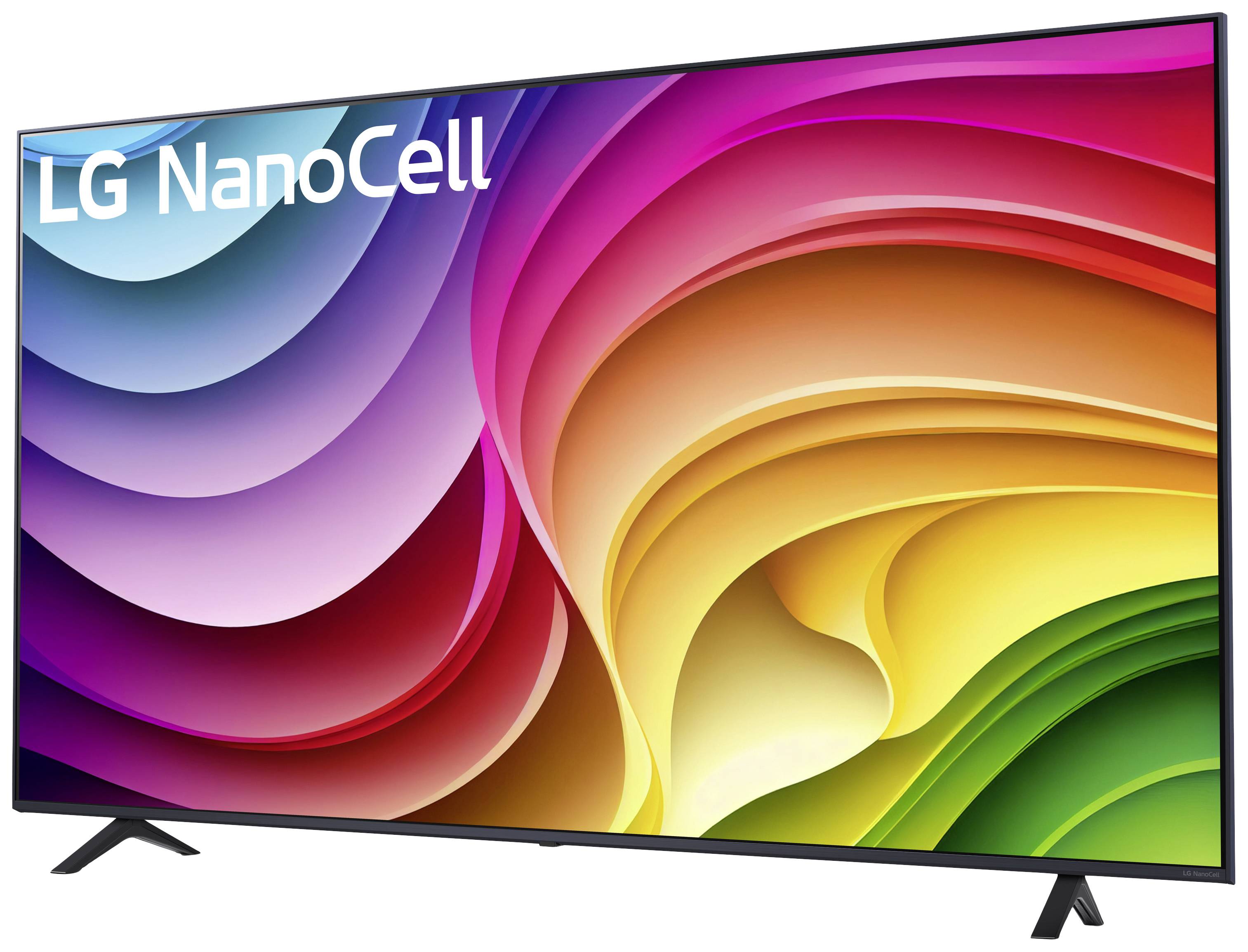 A LG NanoCell television with a vibrant, colourful display showing abstract, wave-like patterns.