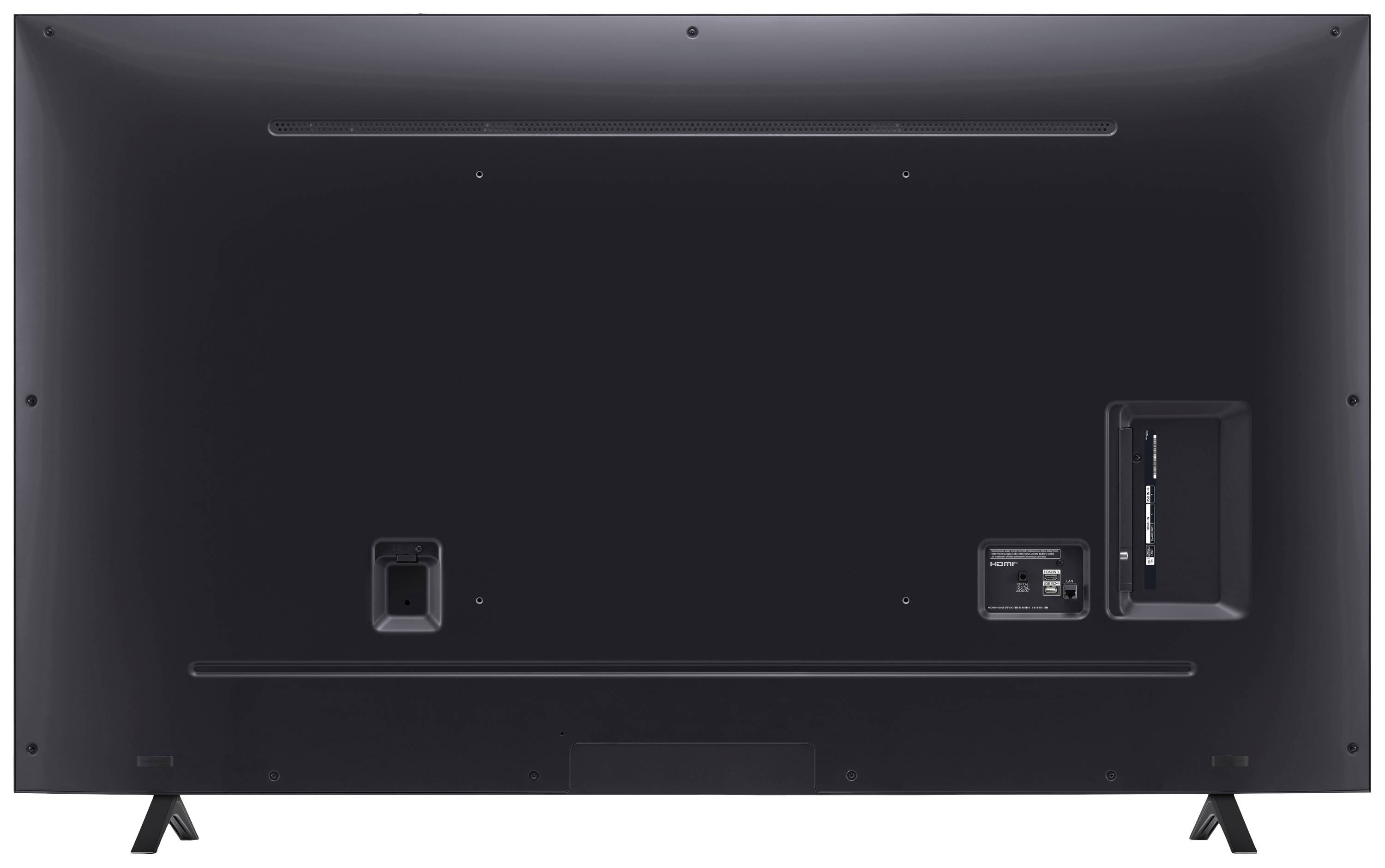 The back of a television with connections and ventilation slots. Mounting feet are visible on the left and right.