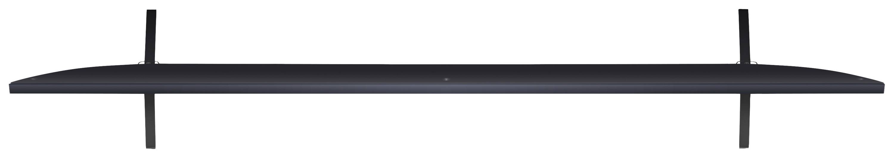 A simple, black wall shelf with two brackets, mounted on a wall. Ideal for storing books or decorative items.