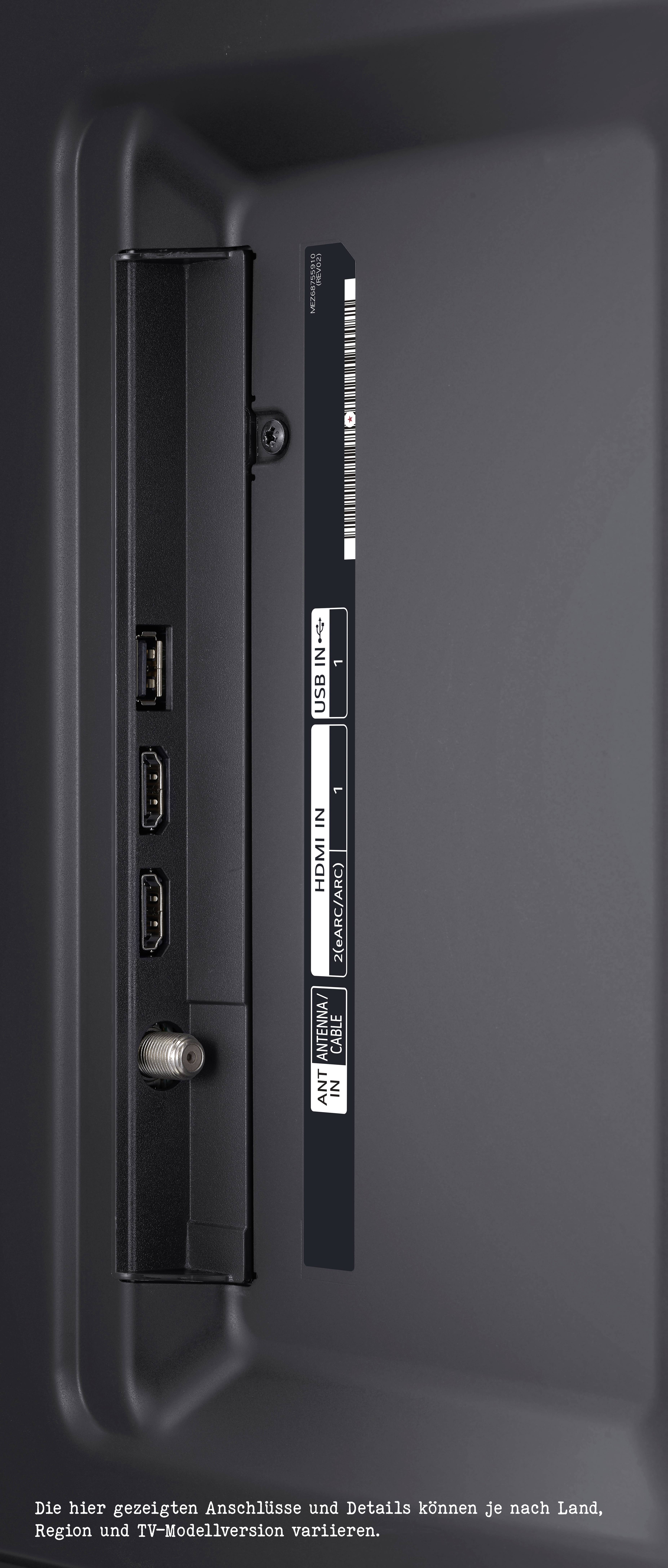 Back of TV with connections: two HDMI ports, aerial socket; side view. Note: Connections may vary depending on region/model.