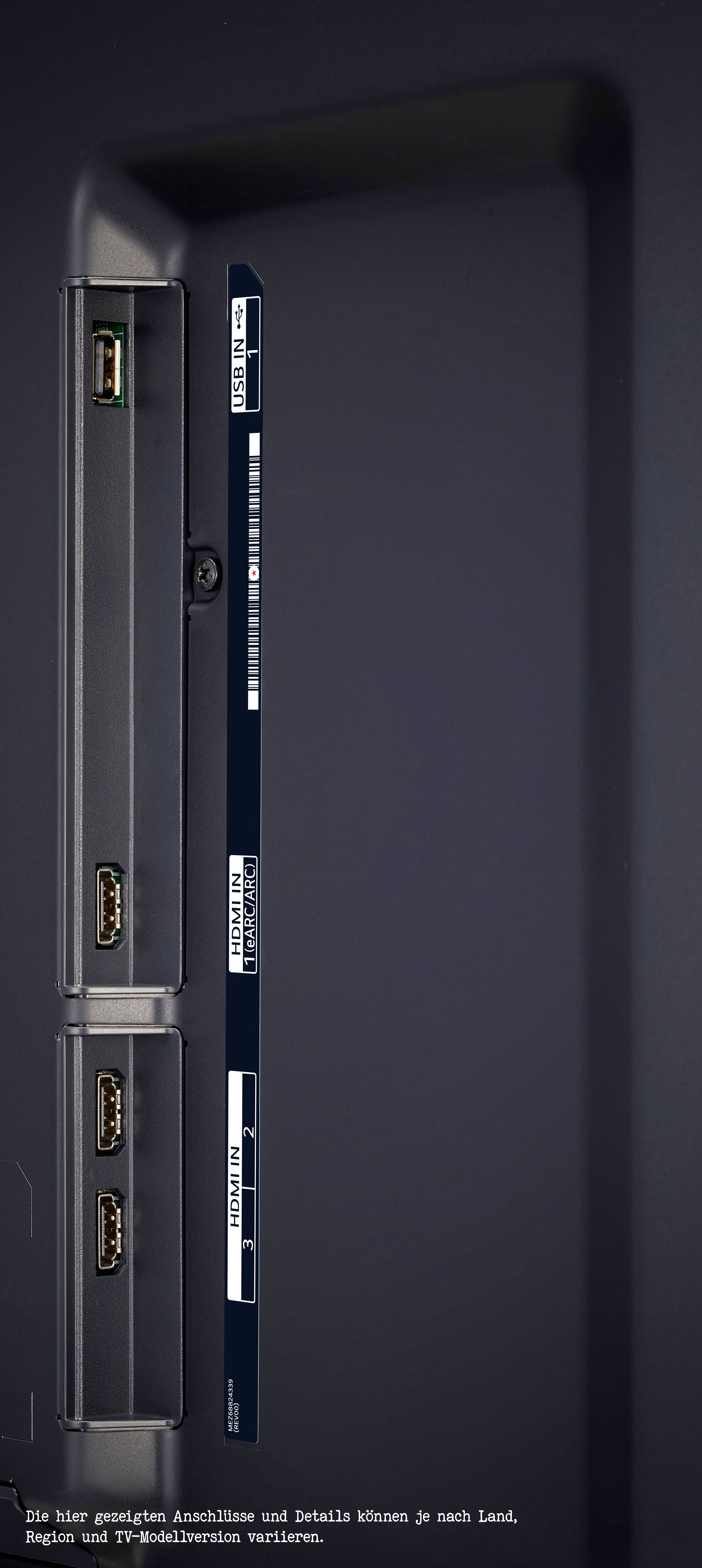 'Three HDMI ports and a USB port are shown on the side of a black monitor.'