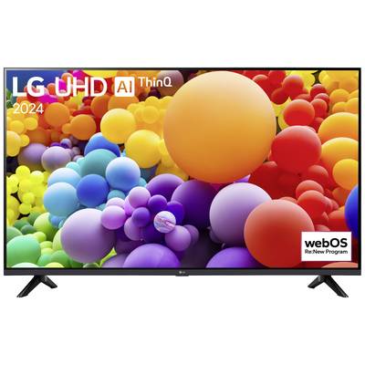 An LG UHD television screen displays colourful, interlocking spheres in various colours. Top left reads 'LG UHD AI ThinQ 2024'. Bottom right reads 'webOS ReNew Programme'.