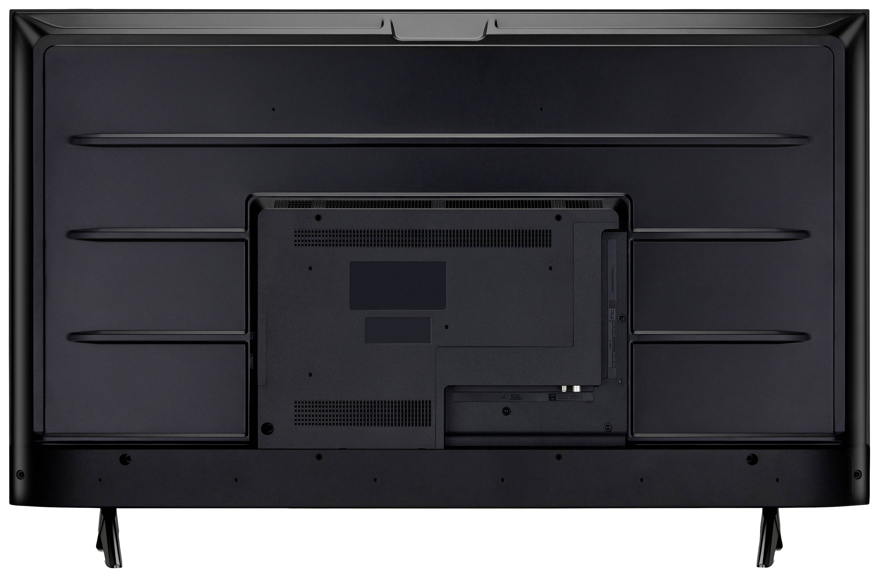 Rear view of a flat-screen television with multiple connections and mounting points for a wall bracket, resting on two stand feet.