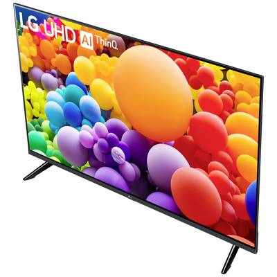 A television with a screen full of colourful balloons. Top left reads 'LG UHD AI ThinQ'.