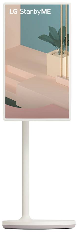 An elegant stand with a modern screen. The display shows a stylised graphic of a room with a plant, viewed from an angled perspective.