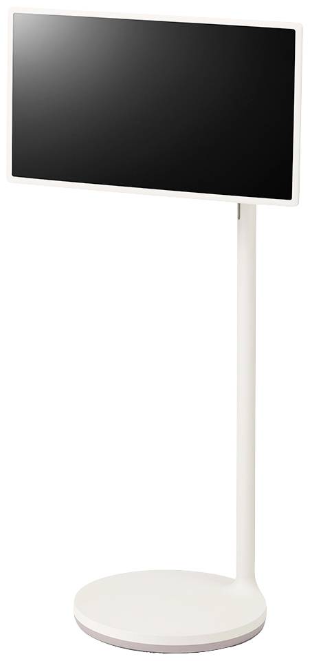 A white stand with a rectangular black screen on top. The screen is blank and displays no content.
