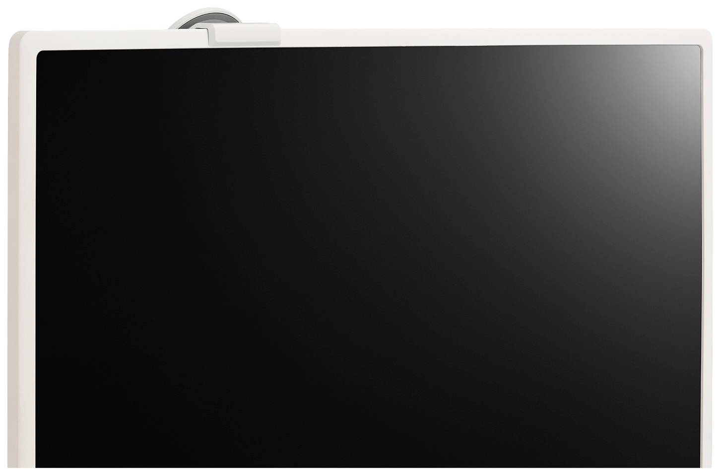 A black, blank screen against a white background. A small part of another device is visible at the top.