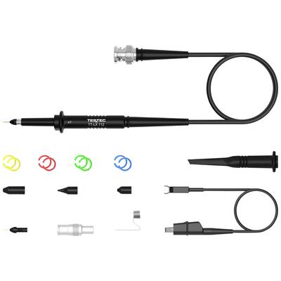 'TEKTLX-112 Oscilloscope Probe' with detachable cable, differently coloured markings and interchangeable tips.