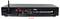 'Rear view of a black audio device with various ports including AC input, speaker output, line in, optical in, and Ethernet.'