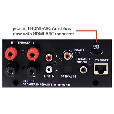 'Back panel of an audio device showing HDMI-ARC connector and various ports including speaker, coaxial, line in, optical, and Ethernet.'