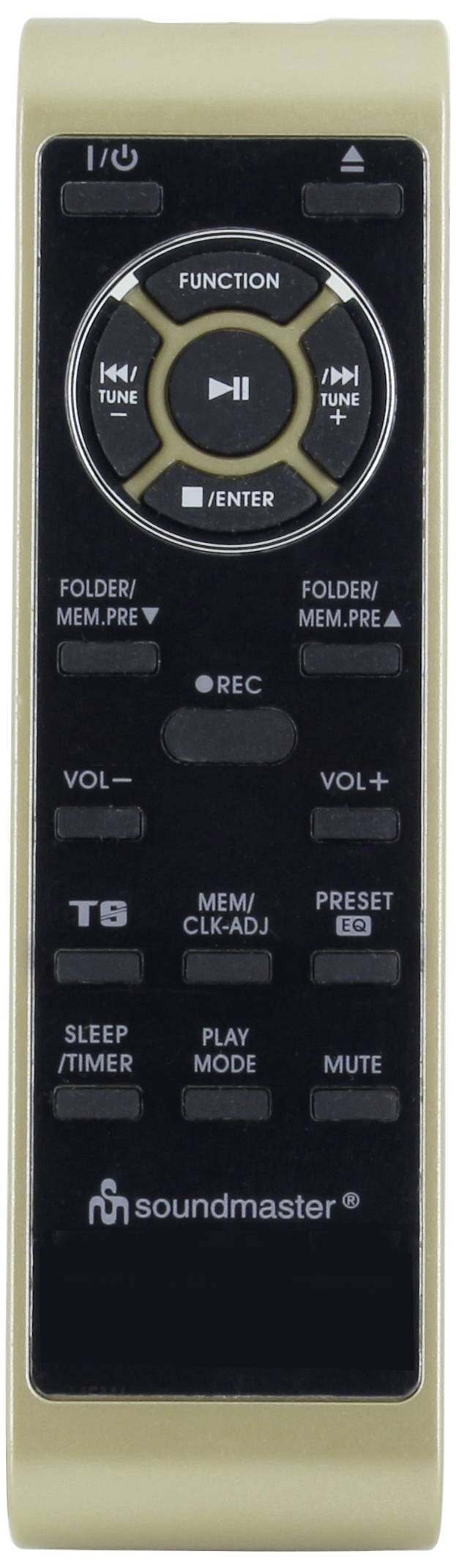 Golden remote control with black control panel. Central control button surrounded by functions. Brand logo at the bottom.