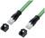 Two green Ethernet cables with black plugs and cable caps. Suitable for network connections.