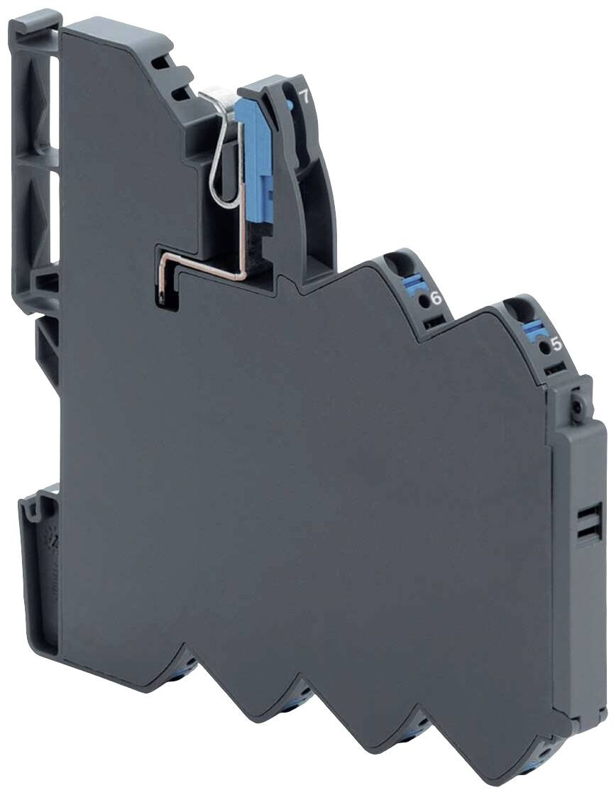 A black terminal block module with numbered connections and blue terminals, used in electrical control cabinets.