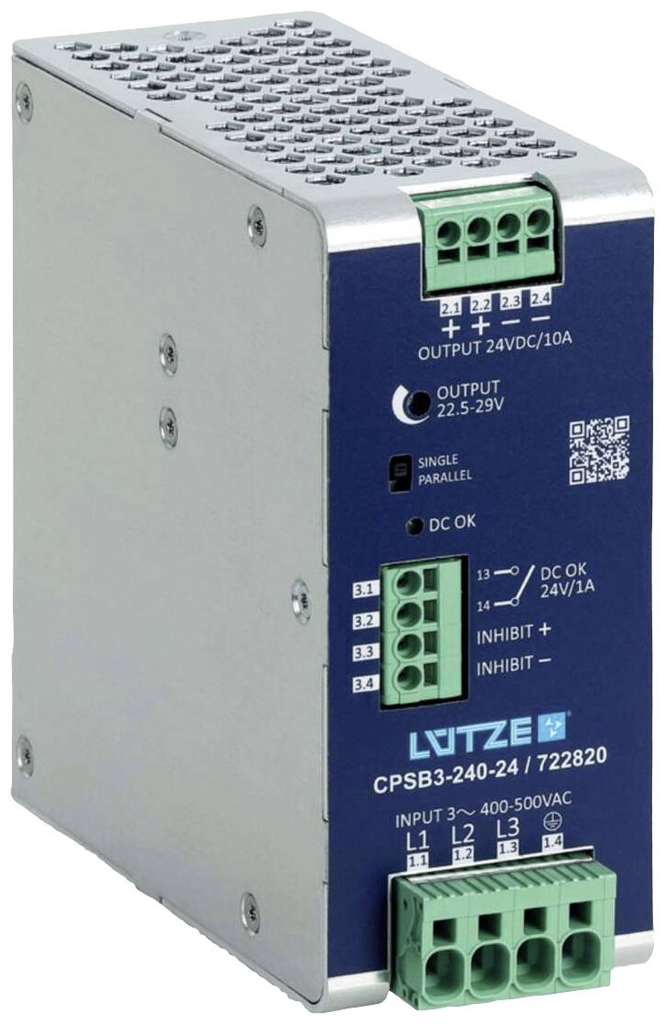 Electronic device by LÜTZE, model CPSB3-240-24, with green and blue connection terminals for power supply, 24VDC/10A.