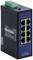A black Ethernet switch with eight RJ45 ports, a blue front panel with status indicators and a green connection plug on top.