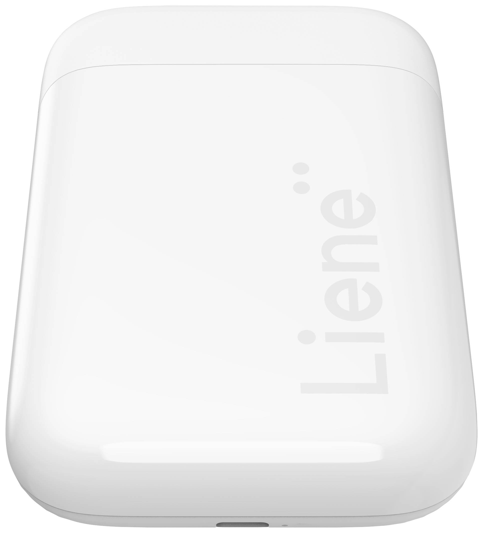 A white portable photo printer with rounded edges and the word 'Liene' printed on the side.