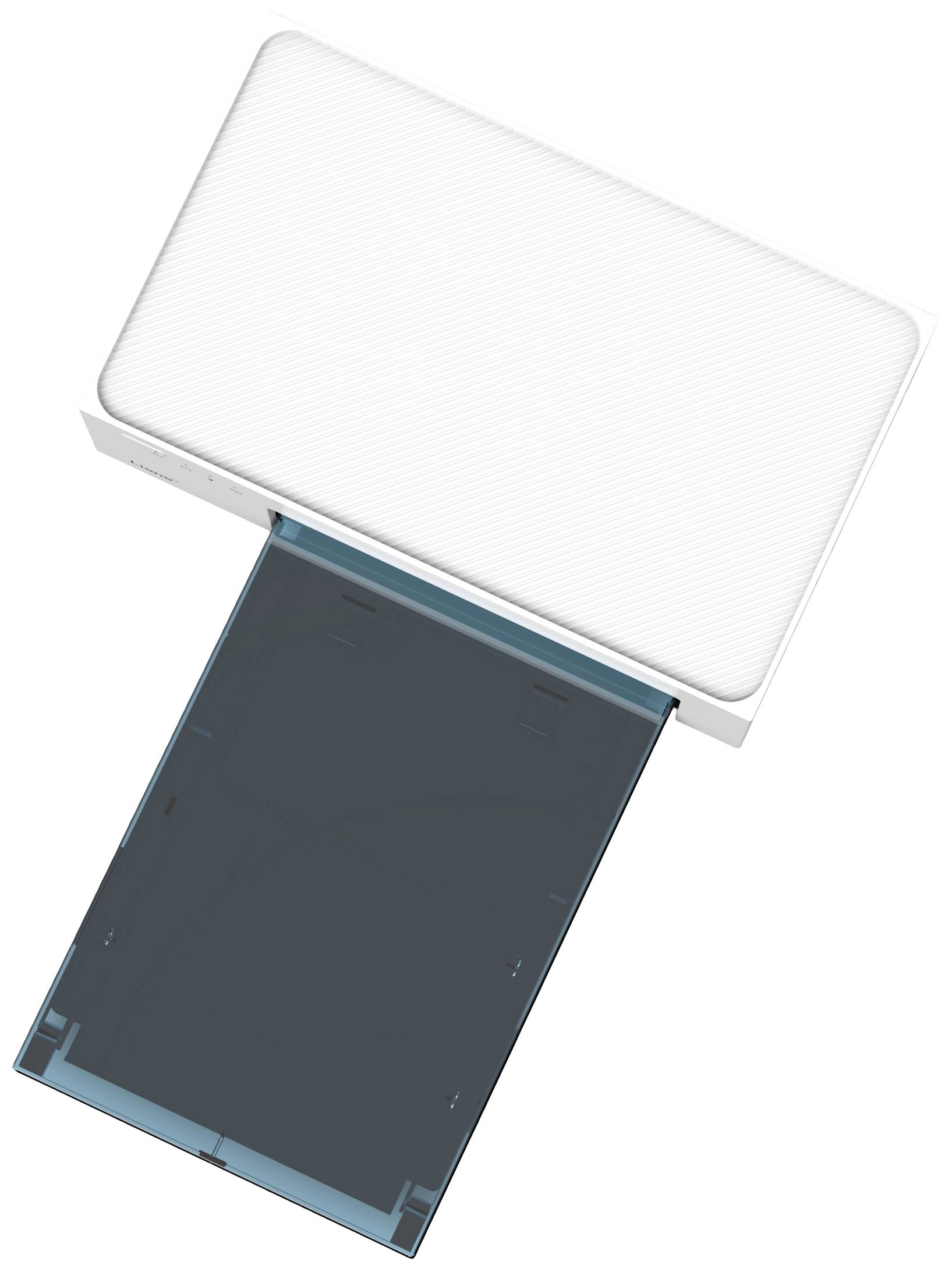 A white, rectangular device with an extended dark slot, presumably for inserting or ejecting media, such as paper.