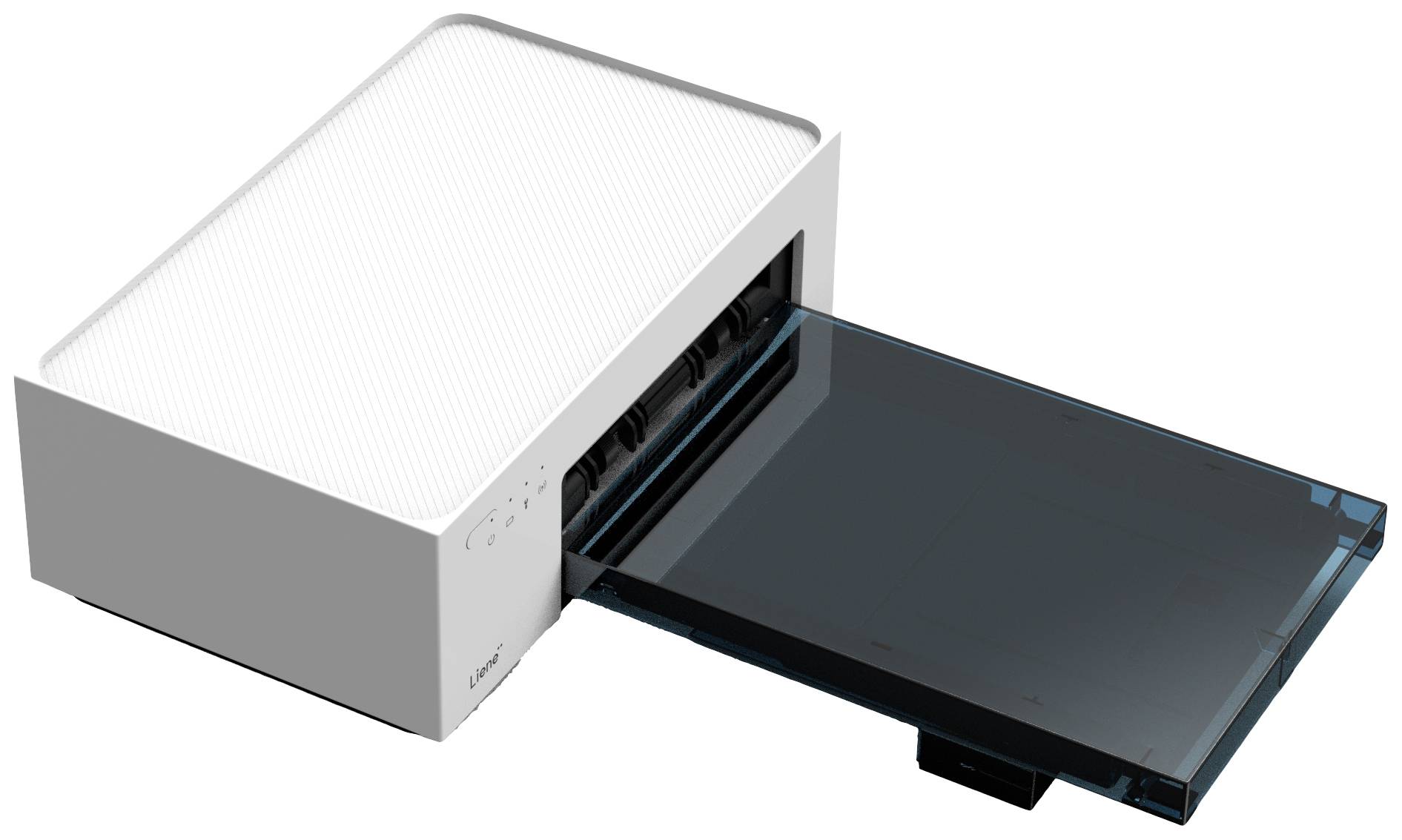A compact printer in white with its paper feed tray open. The device is modern in design and suitable for home or office use.