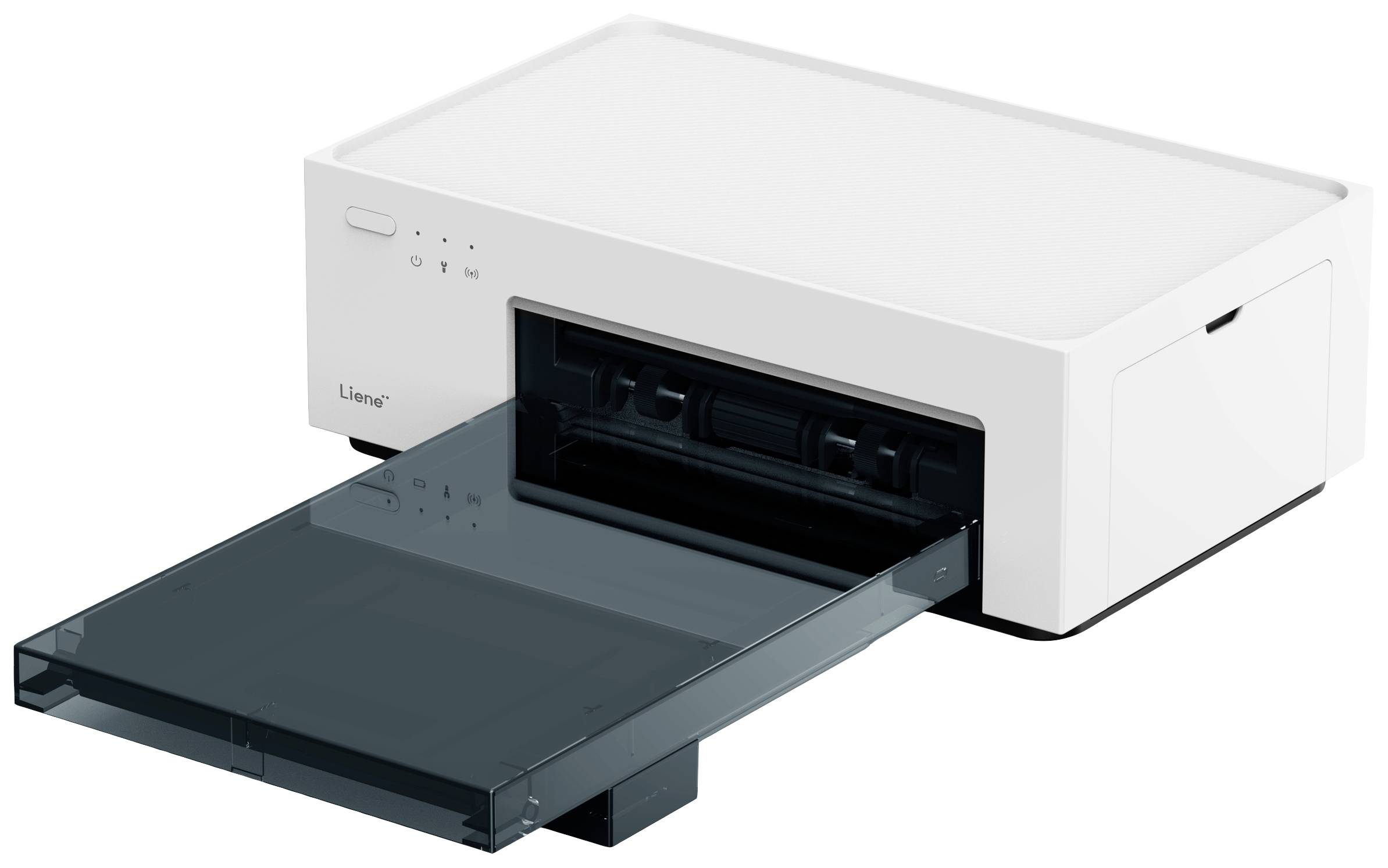 A modern, white printer with an open paper tray containing a black sheet, placed on a flat surface.