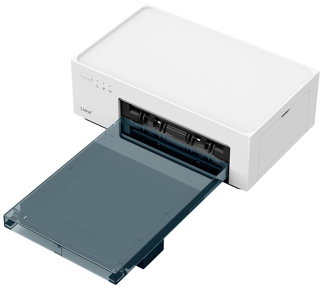 White printer with open paper tray, ready to print.<br><br>Note: In this case, the translation is almost identical to the original German text, as the language is straightforward and technical. The translation uses standard British English terminology.