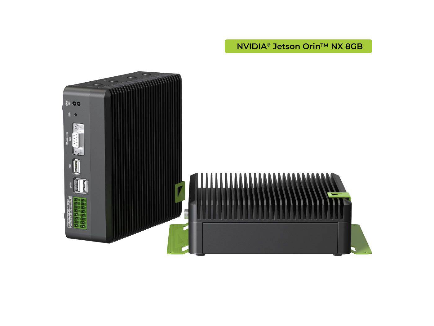 Two black computer cases with cooling fins. One stands upright, the other lies flat. Top right in the corner reads 'NVIDIA Jetson Orin NX 8GB'.