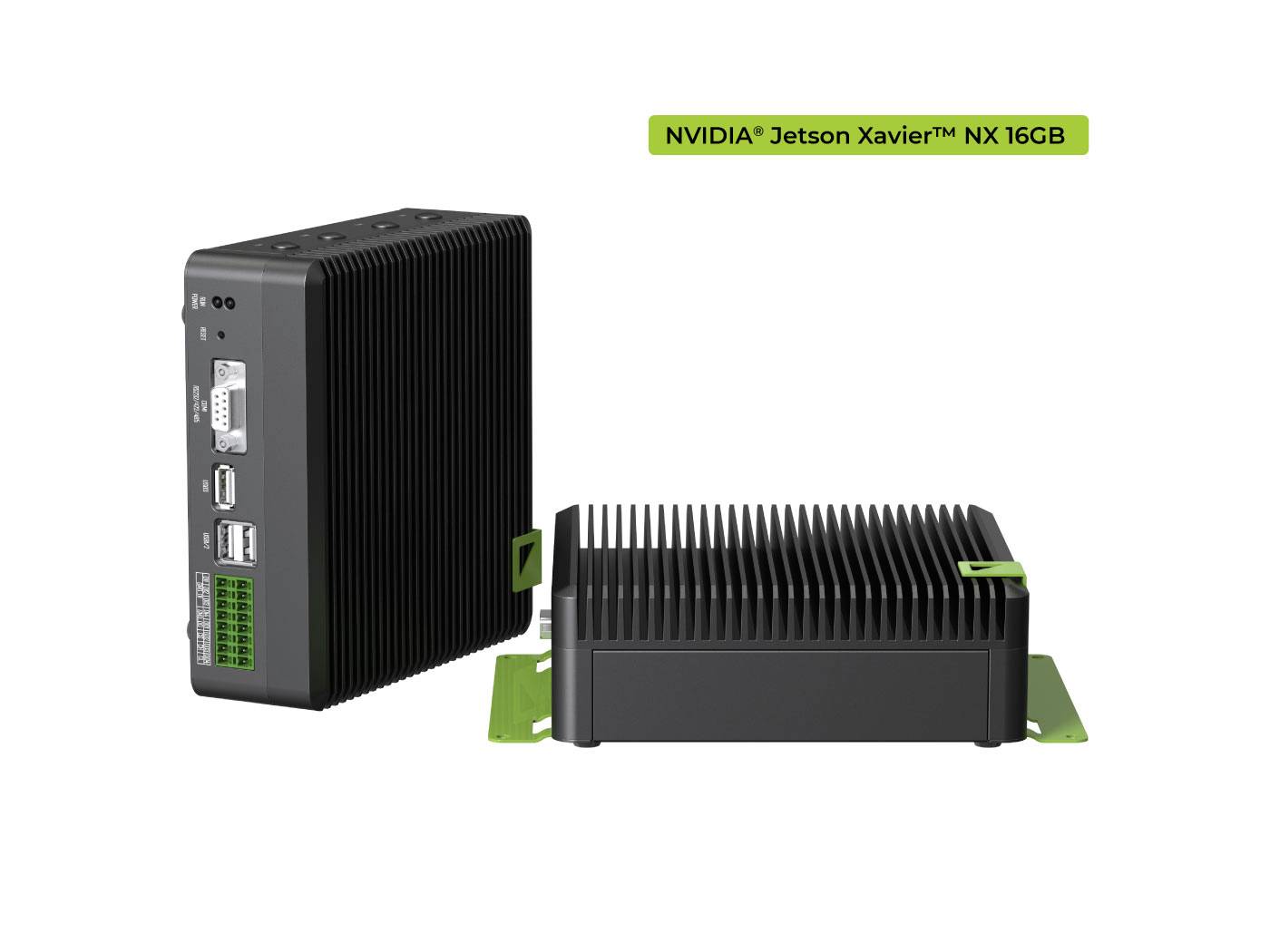 Two NVIDIA Jetson Xavier NX 16GB devices, one standing, one lying down. Both are black with green accents.