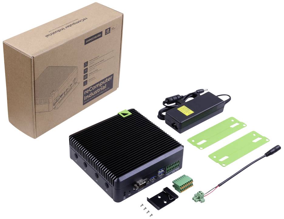 'Boxed reComputer Industrial', a compact black computer with accessories, power supply, mounting plates and screws, accompanying instruction manual.