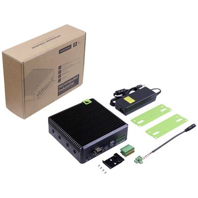 'Boxed reComputer Industrial', a compact black computer with accessories, power supply, mounting plates and screws, accompanying instruction manual.