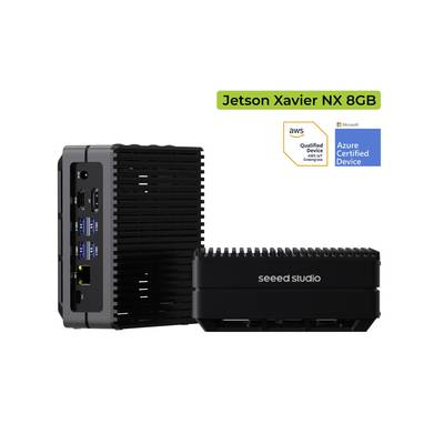 A Jetson Xavier NX 8GB device, marked as an AWS Qualified Device and Azure Certified Device, depicted with Seeed Studio branding.