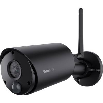 Outdoor security camera with antenna, featuring a sleek black design and branded with 'Reolink'. Suitable for monitoring and surveillance.