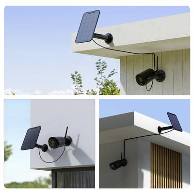 A modern security camera mounted on a building, powered by a solar panel. The setup is shown from different angles against a clear sky.