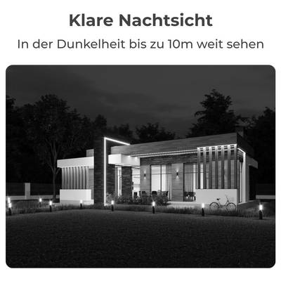 'A modern house exterior with LED lights illuminating the pathway at night, promoting clear night vision up to 10 meters, surrounded by trees.'