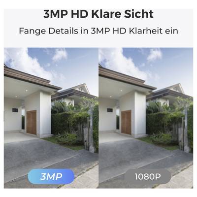 Comparison of two images showing a house exterior, depicting '3MP HD Klare Sicht' on the left and '1080P' on the right, highlighting clarity difference.
