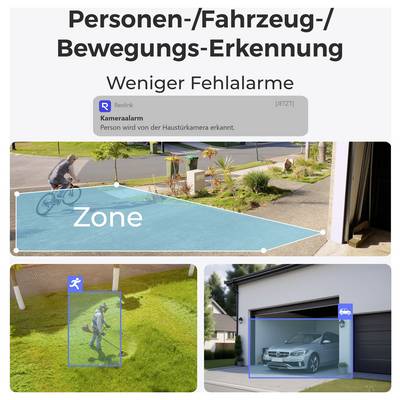 Image showing three surveillance camera views with detection zones. Top: cyclist detected. Bottom left: person detected. Bottom right: car detected. Text reads 'Personen-/Fahrzeug-/Bewegungs-Erkennung Weniger Fehlalarme'.
