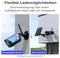 'Flexible Lademöglichkeiten' shows a security camera with two power options: rechargeable battery and solar panel, with a side-by-side image comparison.