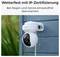 A weatherproof security camera mounted on a blue wall, wet from rain, highlighting its IP certification for all-weather monitoring.