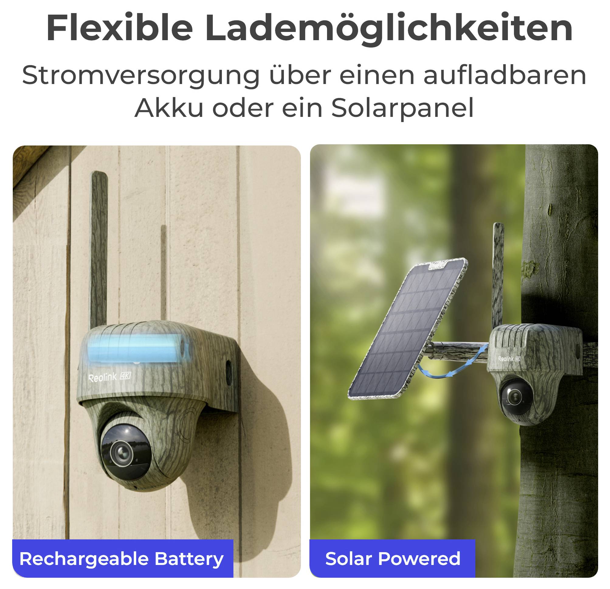 Security camera with flexible charging options: 'Rechargeable Battery' on the left and 'Solar Powered' on the right.