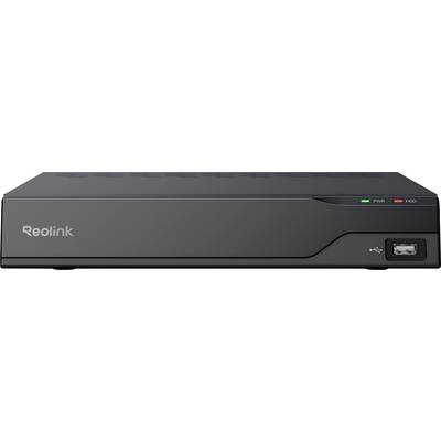 A black Reolink NVR device with indicators and a USB port on the front panel, used for managing and recording surveillance footage.