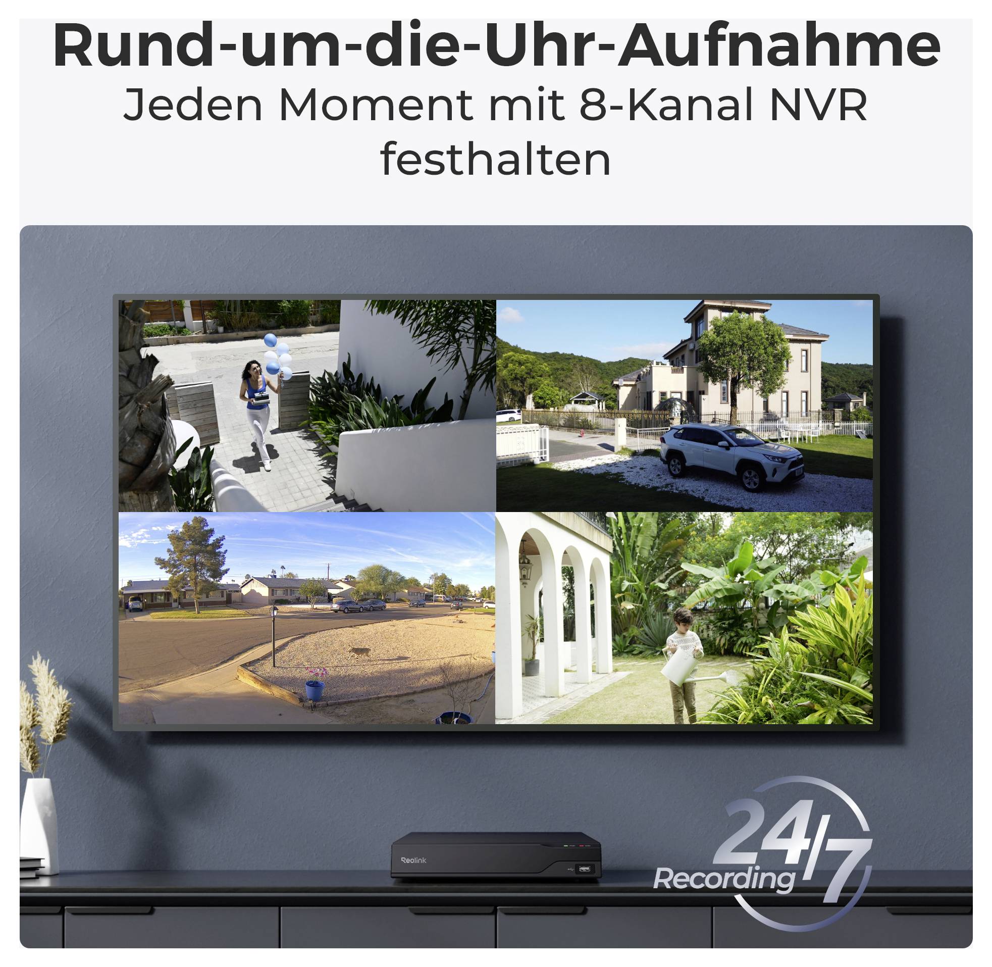 'Rund-um-die-Uhr-Aufnahme: Jeden Moment mit 8-Kanal NVR festhalten' shows a screen with four surveillance camera feeds of different outdoor scenes.