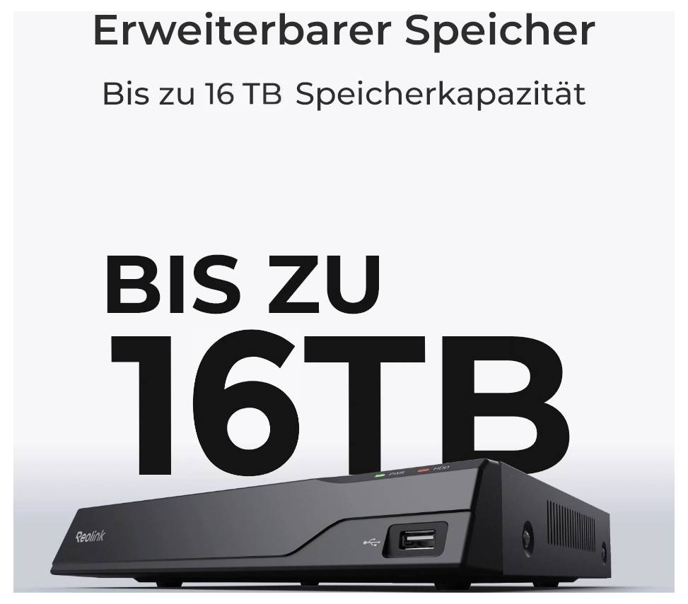 'Erweiterbarer Speicher Bis zu 16 TB Speicherkapazität' text above a black storage device. Focus on expandable storage capacity.