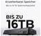 'Erweiterbarer Speicher Bis zu 16 TB Speicherkapazität' text above a black storage device. Focus on expandable storage capacity.