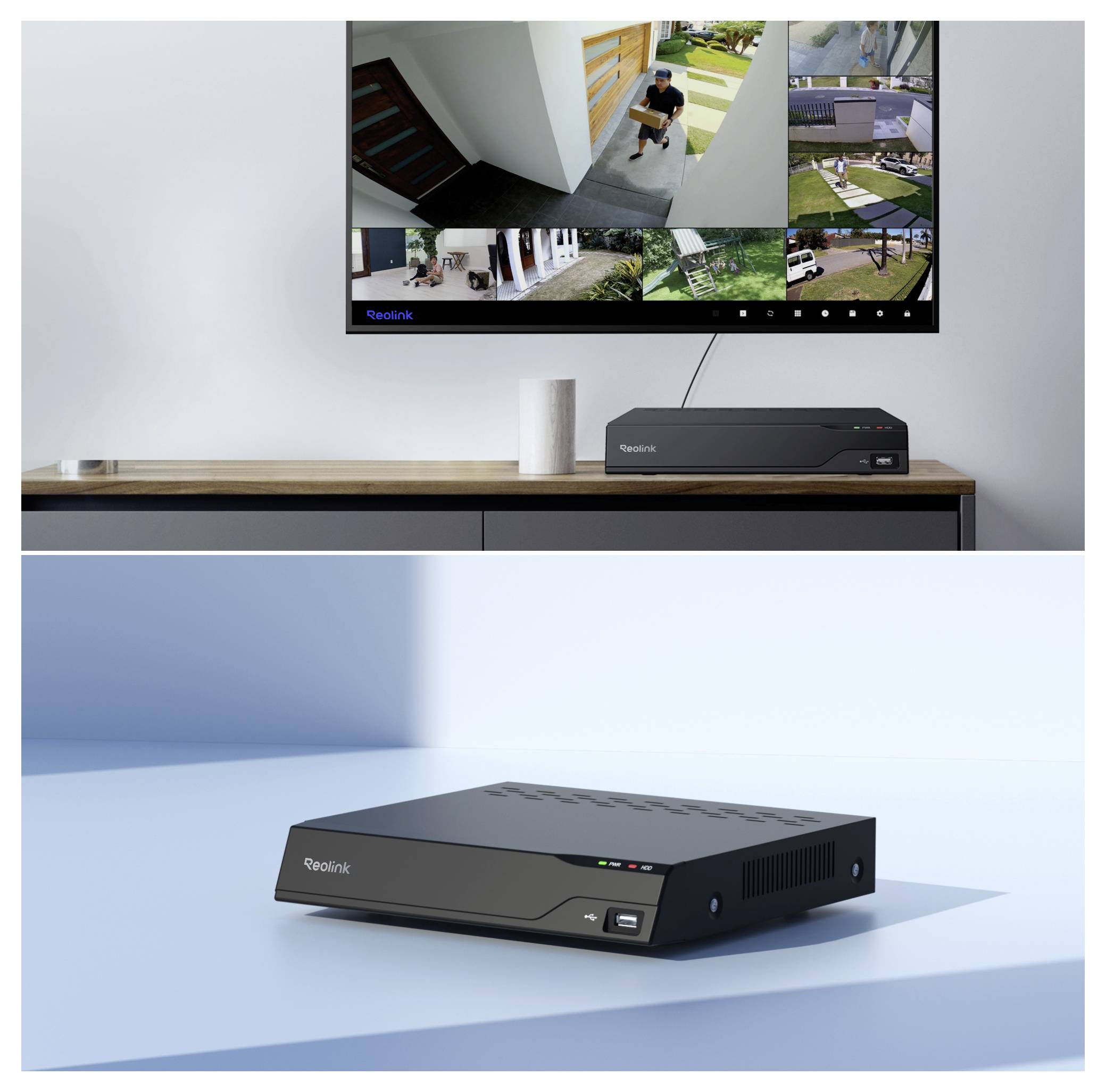 A TV displays multiple security camera views; below, a Reolink security system device sits on a shelf, with a cylindrical speaker nearby.