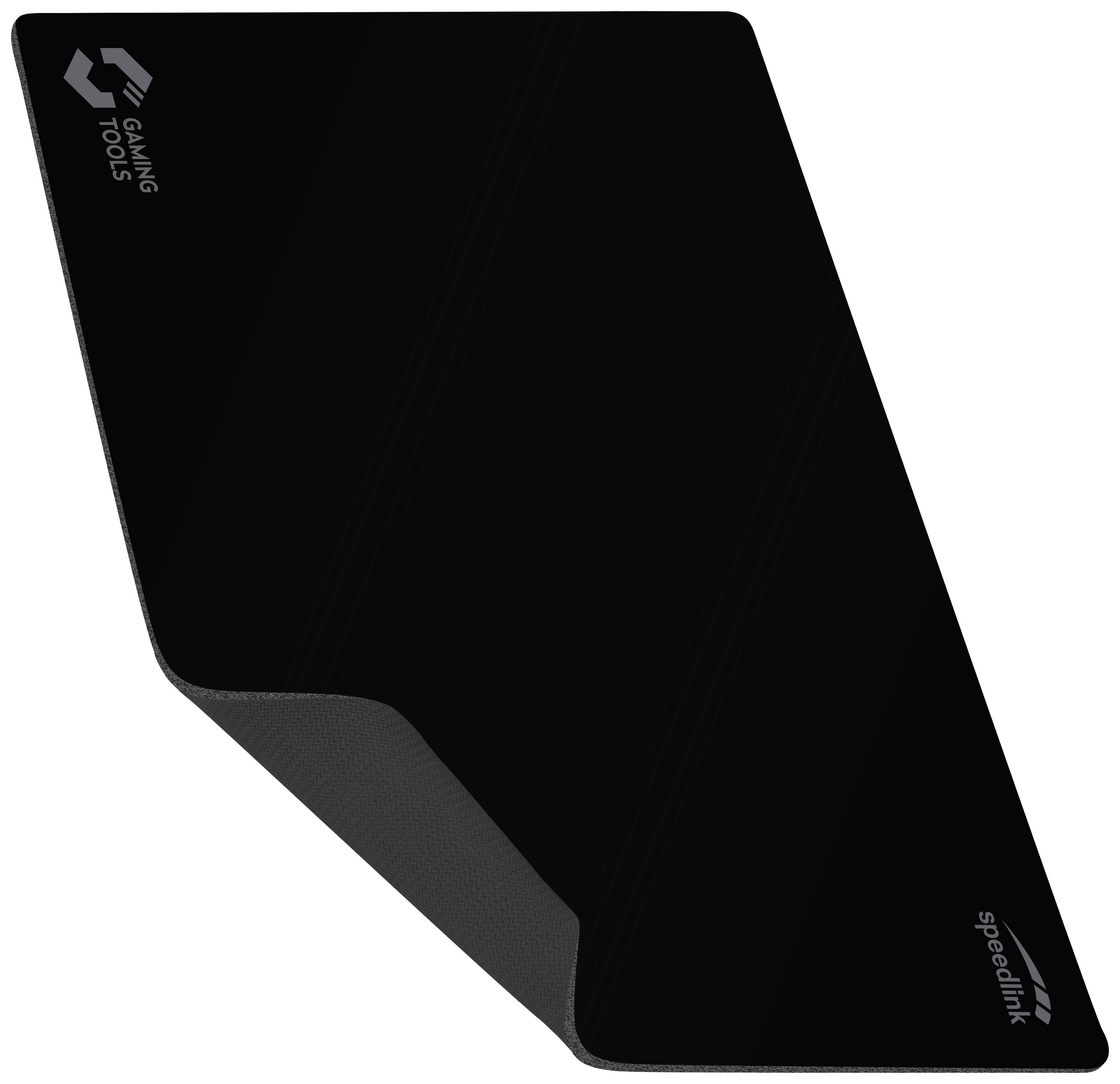 Flat black gaming mouse mat with rounded corners and a subtle logo print in the top left corner.