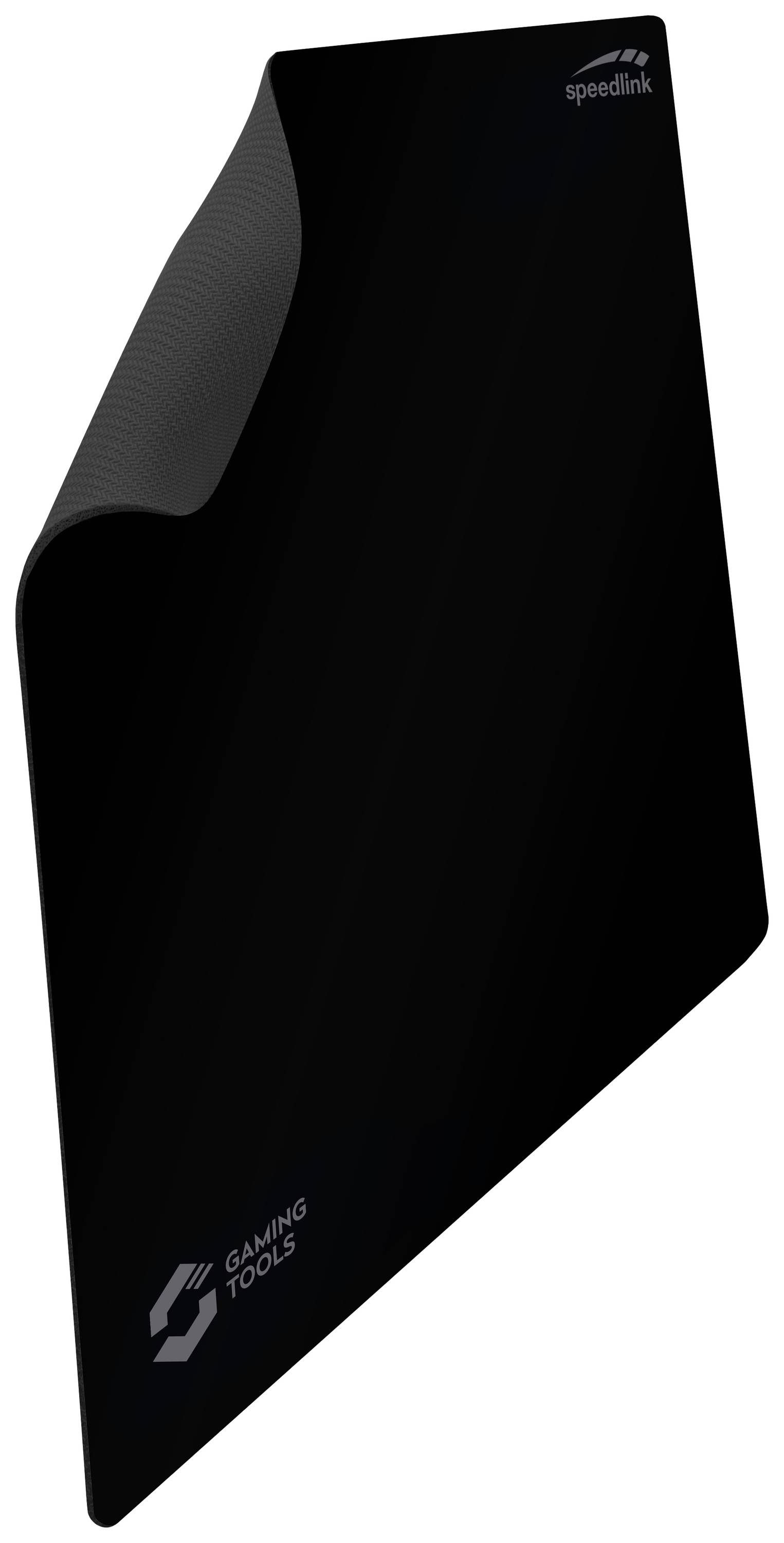 Black gaming mouse mat with a logo-like emblem in the top right corner and the inscription 'Gaming Tools' in the bottom left corner.