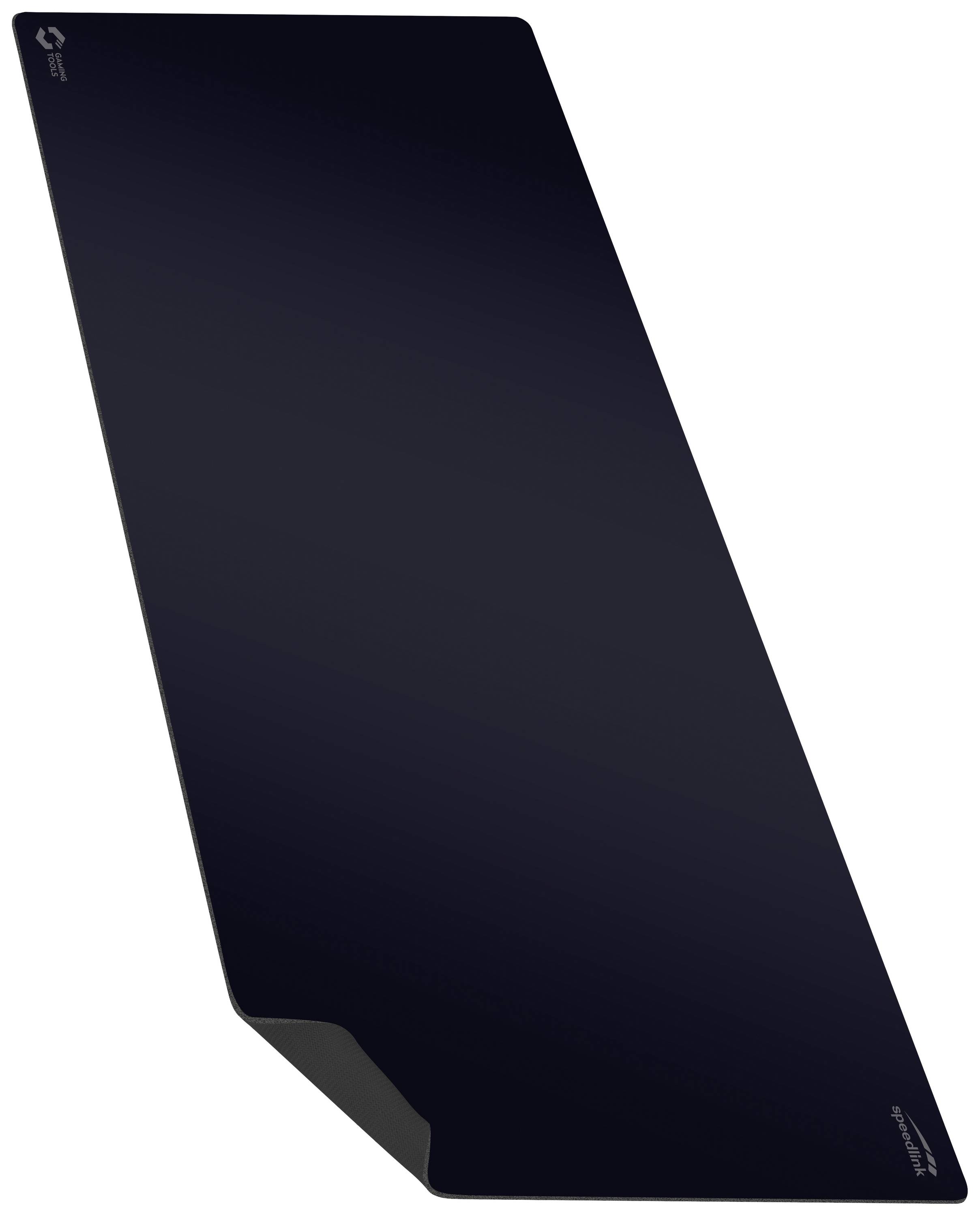 A rectangular, black gaming mouse mat with bevelled edges. Suitable for large desk surfaces and precise mouse movements.