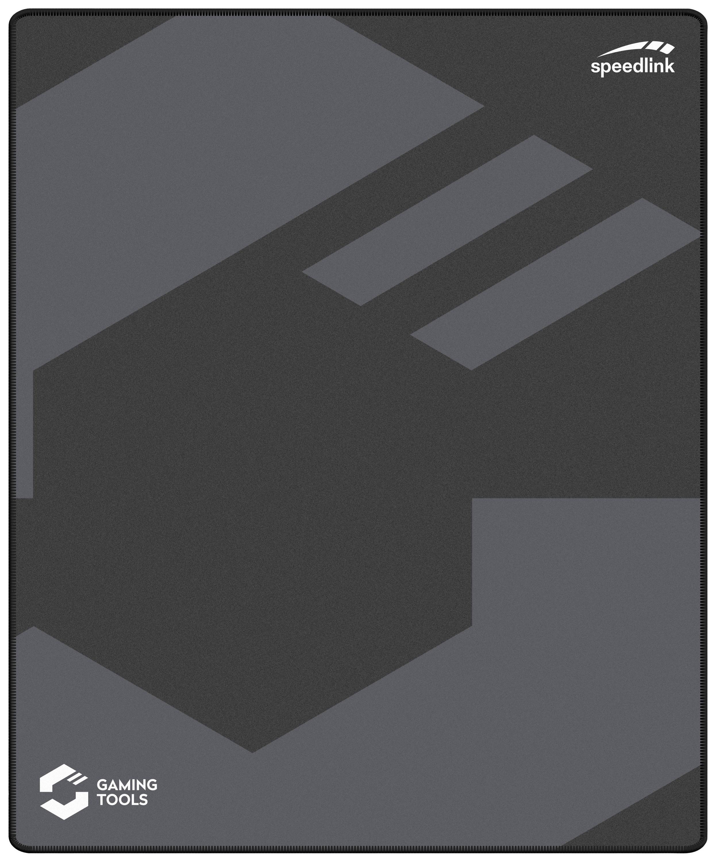 Black mouse mat with grey geometric pattern, 'speedlink' brand logo in the top right, 'GAMING TOOLS' in the bottom left.