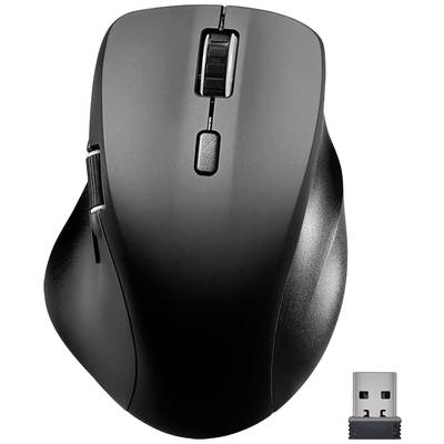 Wireless black computer mouse with USB receiver, ergonomically designed with three buttons and a scroll wheel.
