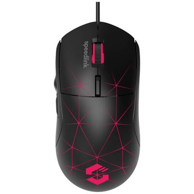 A black gaming mouse with a red geometric pattern, cable, and mouse wheel. The brand name 'speedlink' is displayed on the surface.
